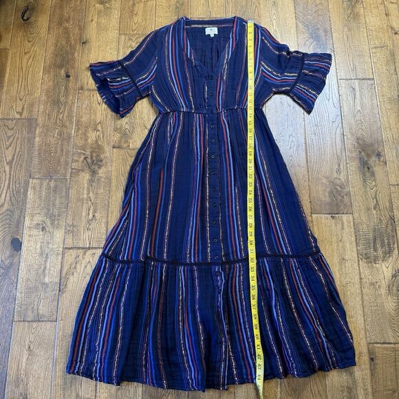 Anthropologie Sundry Dress Sz 1 Navy Striped Metallic Ruffle Midi Boho Peasant - Picture 6 of 8